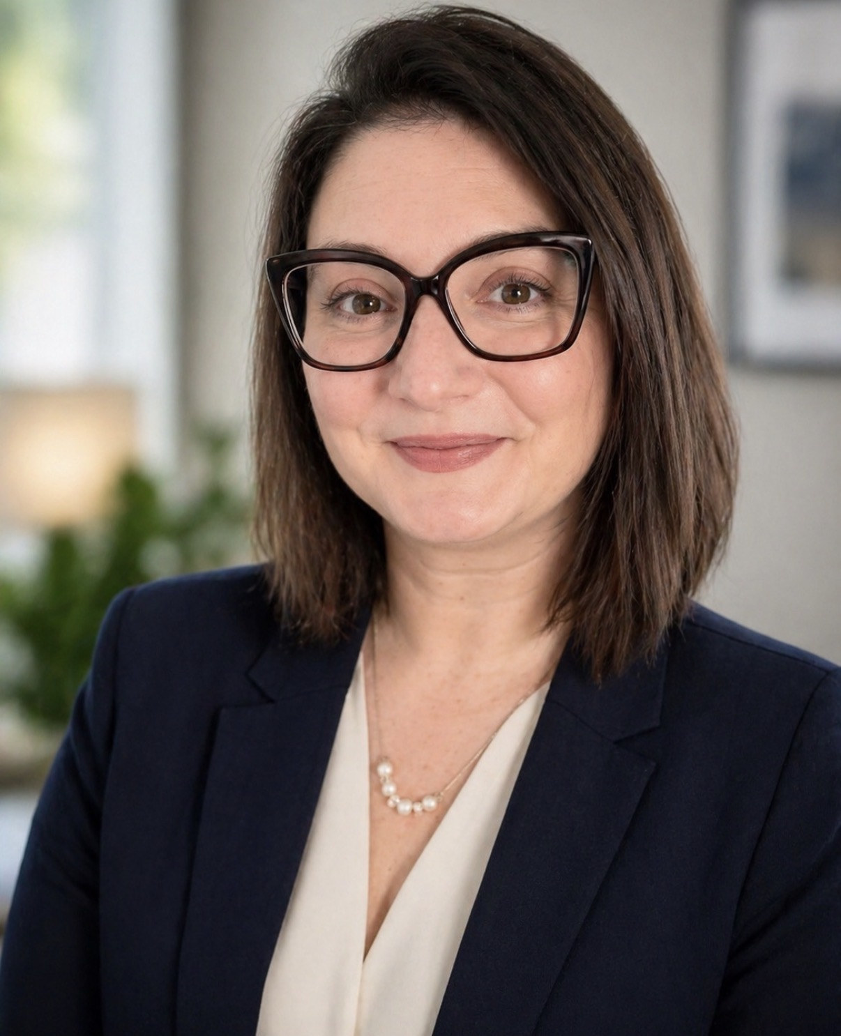 Katie Carpen, PhD, smiling in a navy blazer, cream blouse, and dark glasses